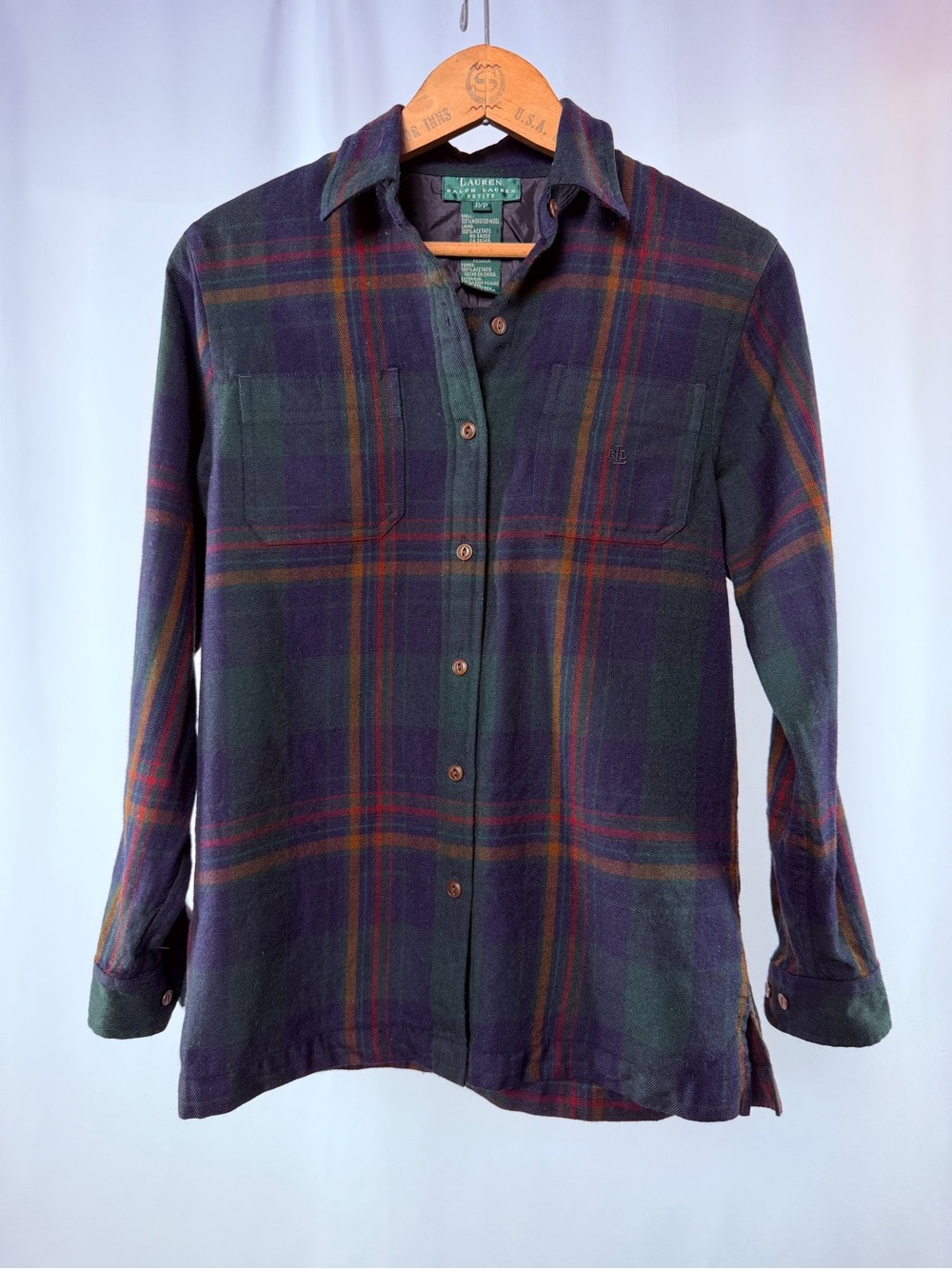 Ralph Lauren Worsted Wool Plaid Long Sleeve Logo Embroidered Shirt Navy Blue Red